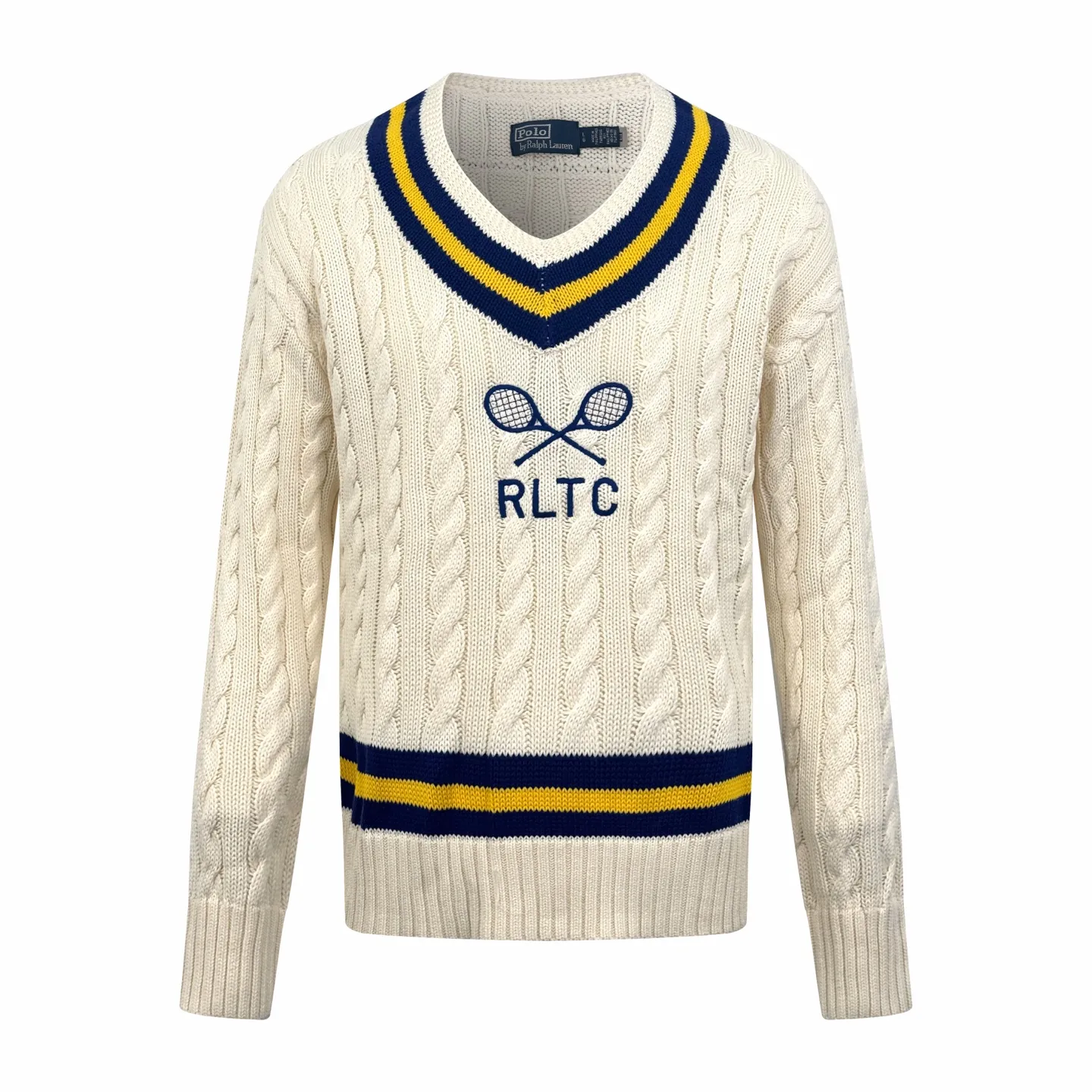 P440 Ralph Lauren Tennis Cable Knitted Sweater Made of custom-woven cable knitted wool with fine texture, comfortable and close to the skin. The main color is soft cream, pure and warm, with a sweet sense of laziness. The classic cable knitted structure design injects soul. The cleverly designed V-neck is outlined with navy blue and bright yellow stripes, highlighting the nobility and extraordinary. The crossed tennis racket pattern and RLTC lettering on the chest are a subtle tribute to the brand's sports spirit, with an atmosphere of freedom and vitality. It is highly recognizable and interprets high-end style with unique details, painting a fascinating artistic picture. Process 1: Using imported machine embroidery technology, using advanced computer control systems and precision mechanical components to realize the embroidery work of tennis racket patterns and RLTC words with high precision and smooth and delicate lines. Process 2: Three-dimensional cable weaving. Through the clever shifting and interweaving of coils, adjacent coils are cross-shifted to form a twisting effect of cable. The lines are smooth and regular, time-consuming and labor-intensive. Process 3: Garment washing water plus soft and deodorizing process. Deep cleaning and deodorizing of clothes through professional washing equipment and specific detergents. Improve the feel and appearance of clothes. Accessories: Customized 1:1 Ralph Lauren trademark. Version: Fitted version. Size: S M L XL. Style number: 25280.